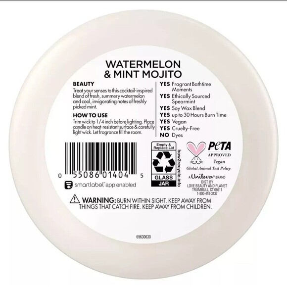 Beloved Candle Watermelon Mojito Mint Vegan Scented Love Beauty Planet 11.5 oz - Picture 2 of 2